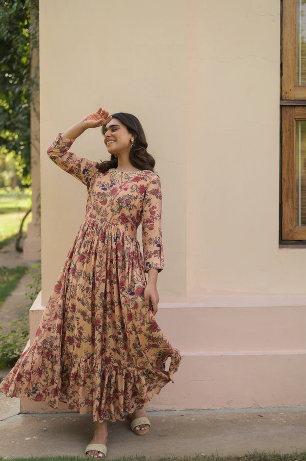 Floral Printed  Muslin Gown with  Embroidered Neckline