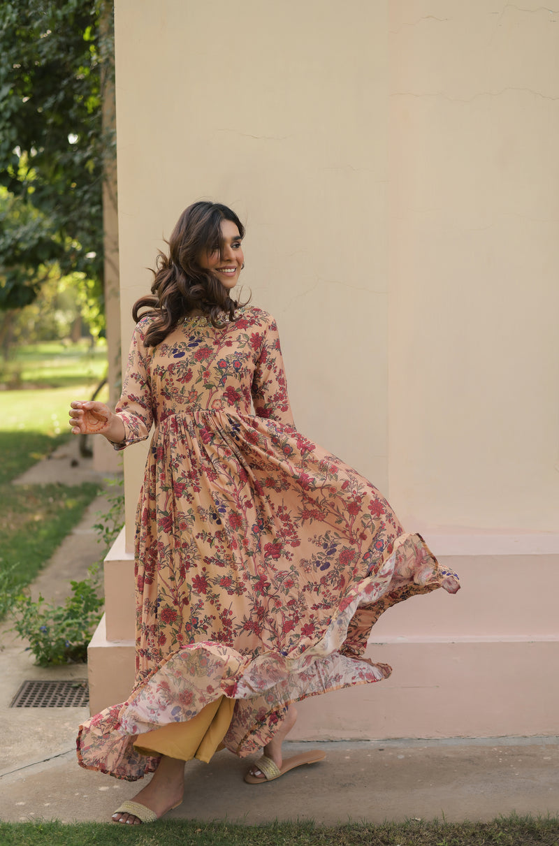 Floral Printed  Muslin Gown with  Embroidered Neckline