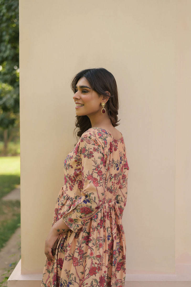 Floral Printed  Muslin Gown with  Embroidered Neckline