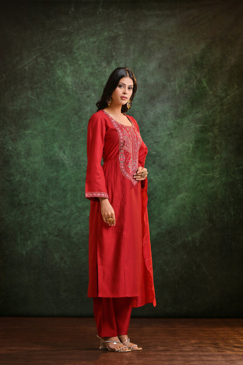 Ruby Radiance Roman  Silk Kurta Set With Dupatta