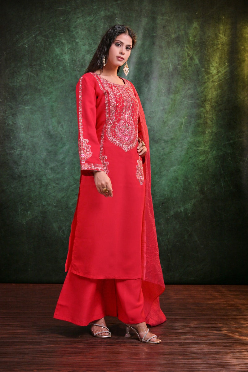 Magenta Colour Roman Silk Kurta Set With Dupatta