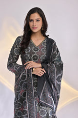 Embroidered Muslin  V-Neck Suit Set  with Dupatta