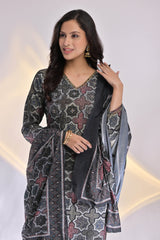 Embroidered Muslin  V-Neck Suit Set  with Dupatta