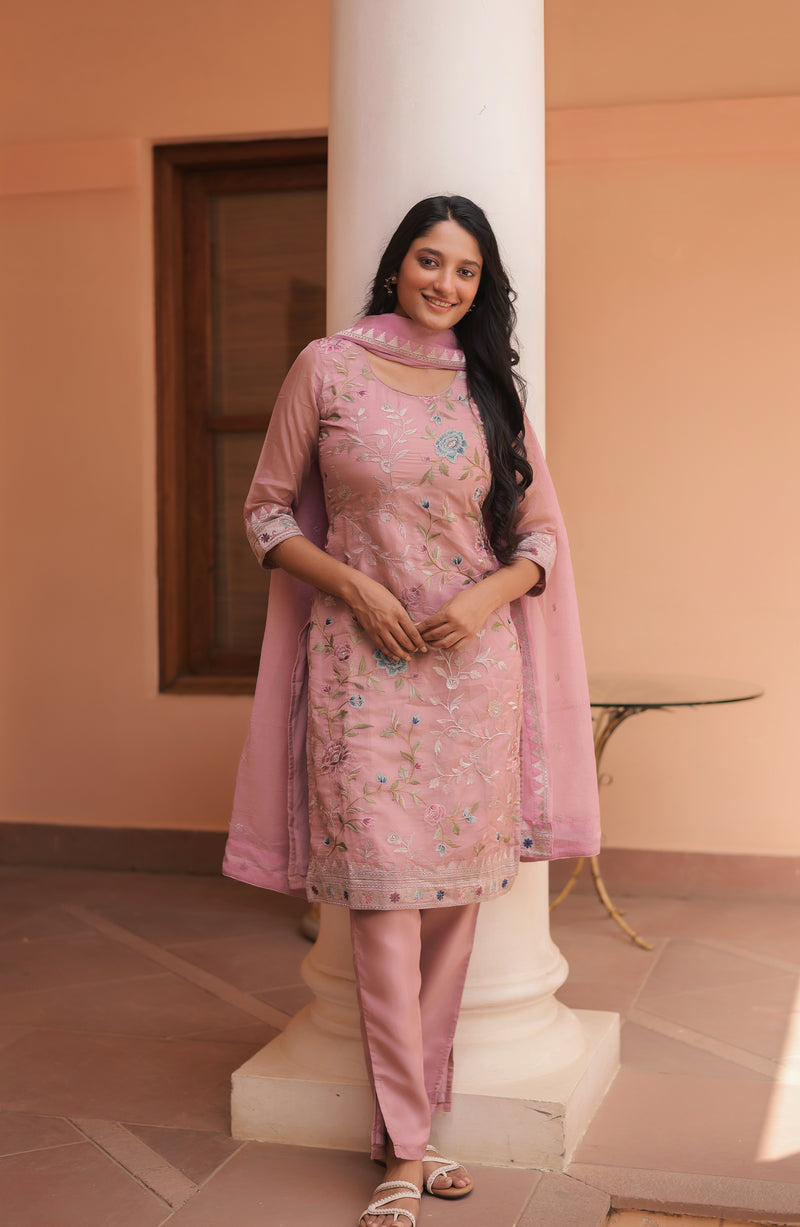 Blush Grace Organza Suit Set With Dupatta