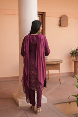 Wine Elegance Embroidered Kurta Set With Dupatta