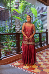 Crimson Radiance Embellished Poly Chinon Sharara Set