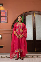 Vibrant Magenta Floral Mul Chanderi Set