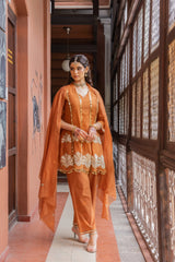 Rust Orange Embellished Mul Chanderi Set