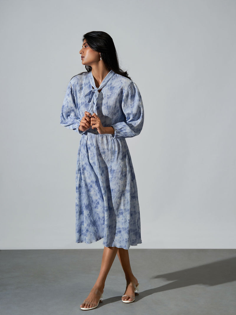 Sky Blue Pleated Tie Dye Dress- Viscose Fabric
