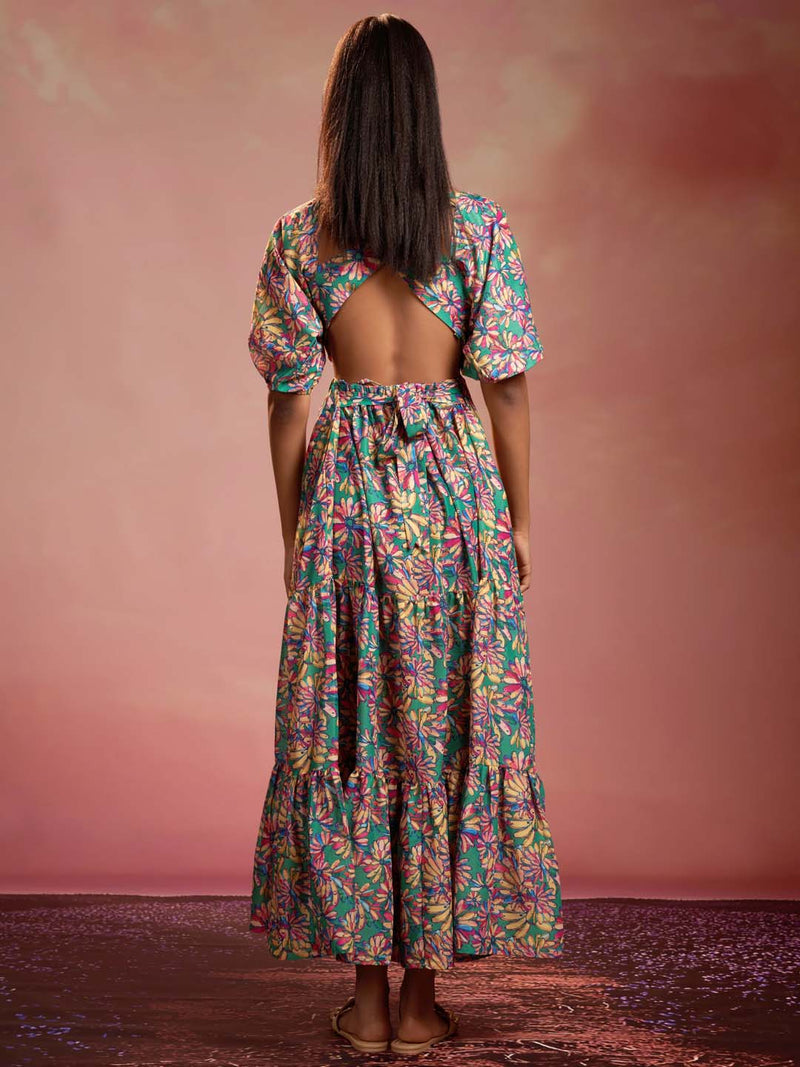Multicolor Floral Print Muslin Flared Maxi Dress | Relove