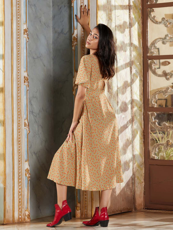 Mustard Print Georgette A-Line Midi Dress