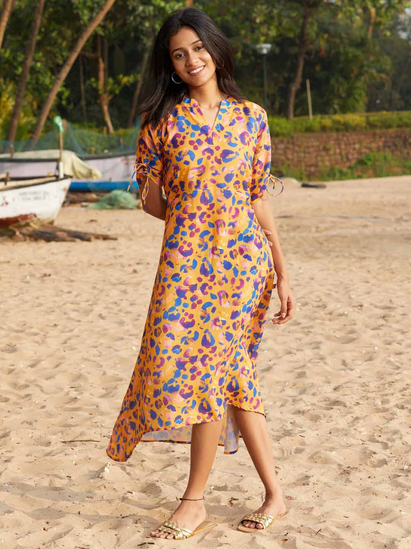 Mustard Print Cotton Blend A-Line With Up-Down Hem Midi Dress