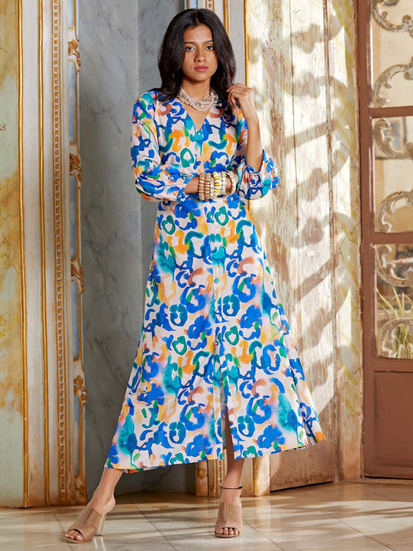 Multicolor Print Cotton Blend A-Line Midi Dress