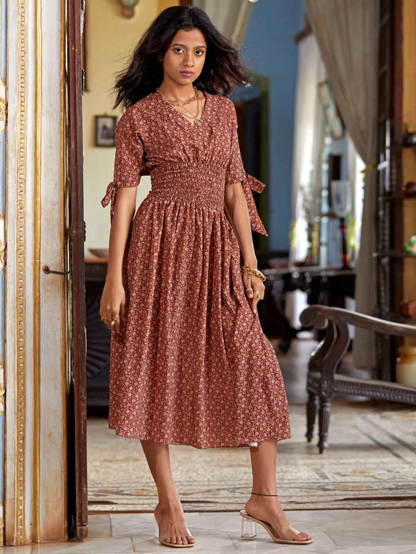 Brown Print Bubble Georgette Flared Midi Dress