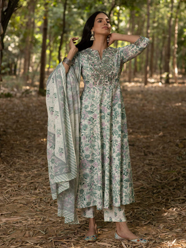 green floral print anarkali kurta set