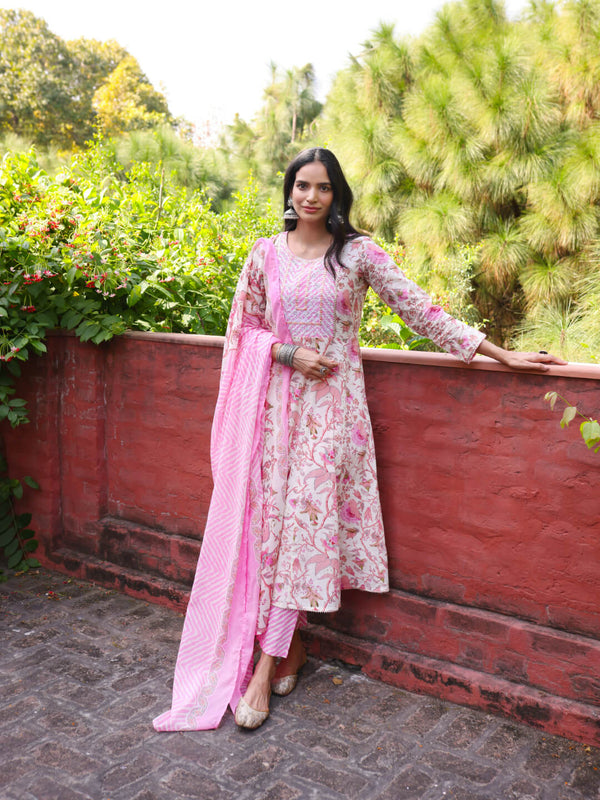 pink floral print anarkali kurta set