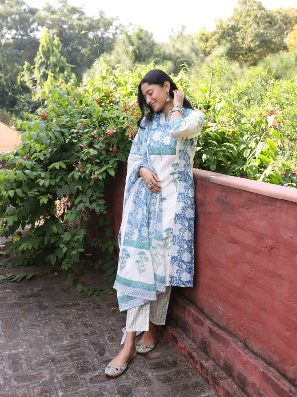 BAADAL - BLOCK PRINT COTTON DOBBY STRAIGHT KURTA SET WITH DUPATTA AND INTRICATE EMBROIDERY