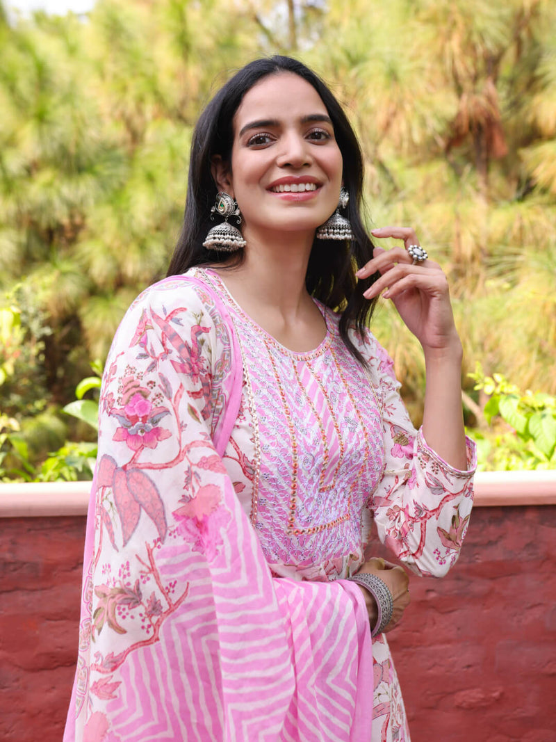 light pink floral kurta set