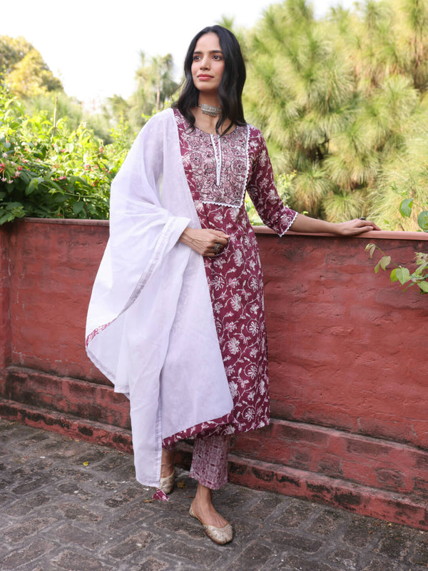 GULSHAN - FLORAL PRINT PURE COTTON STRAIGHT  KURTA SET WITH DUPATTA AND INTRICATE EMBROIDERY WORK