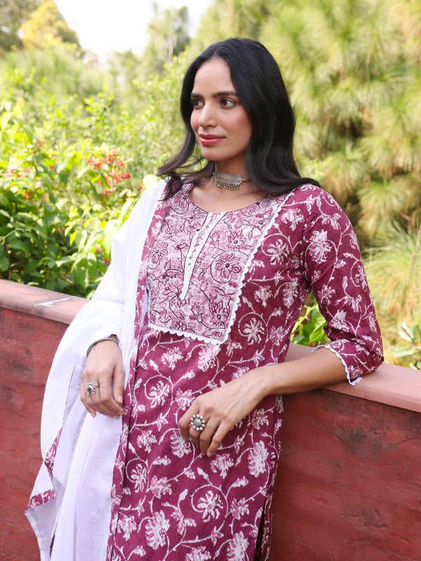 GULSHAN - FLORAL PRINT PURE COTTON STRAIGHT  KURTA SET WITH DUPATTA AND INTRICATE EMBROIDERY WORK