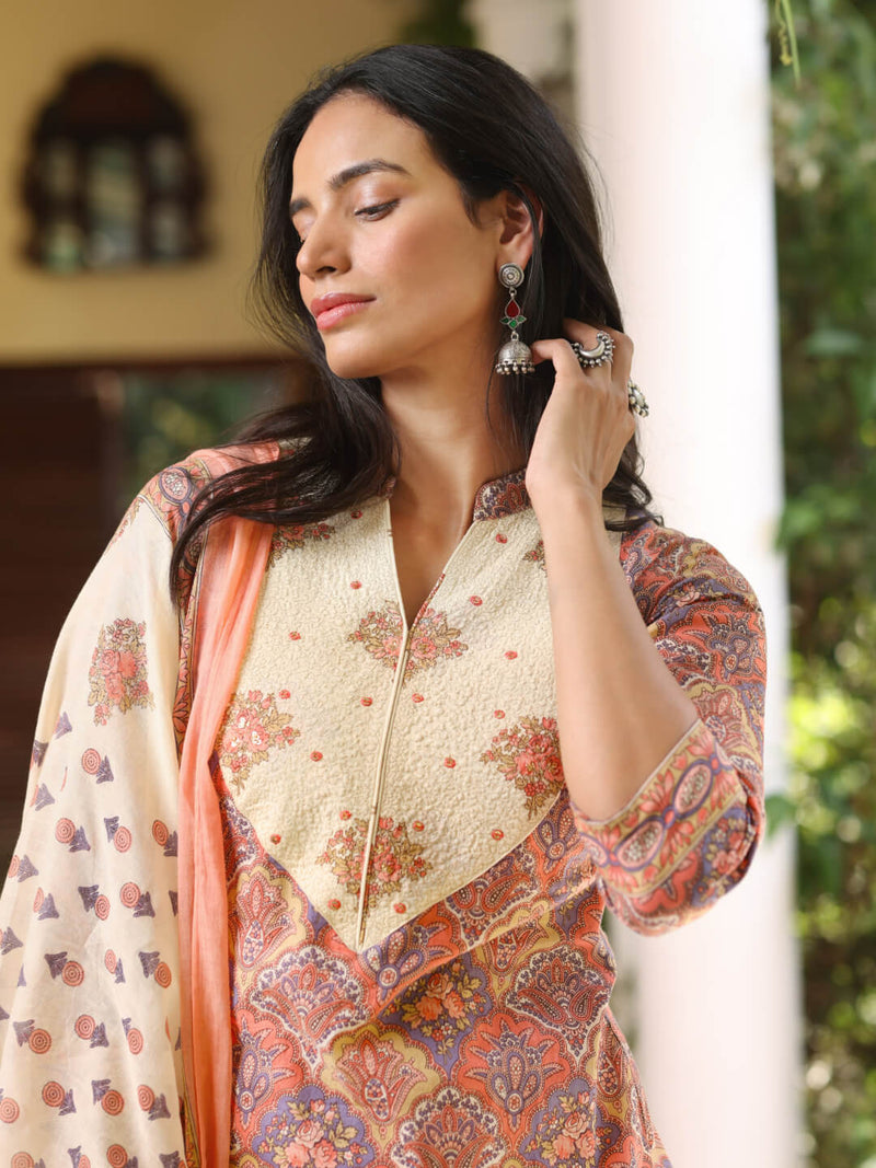 MEHAK - FLORAL PRINT PURE COTTON STRAIGHT KURTA SET WITH MULMUL DUPATTA AND INTRICATE EMBROIDERY WORK