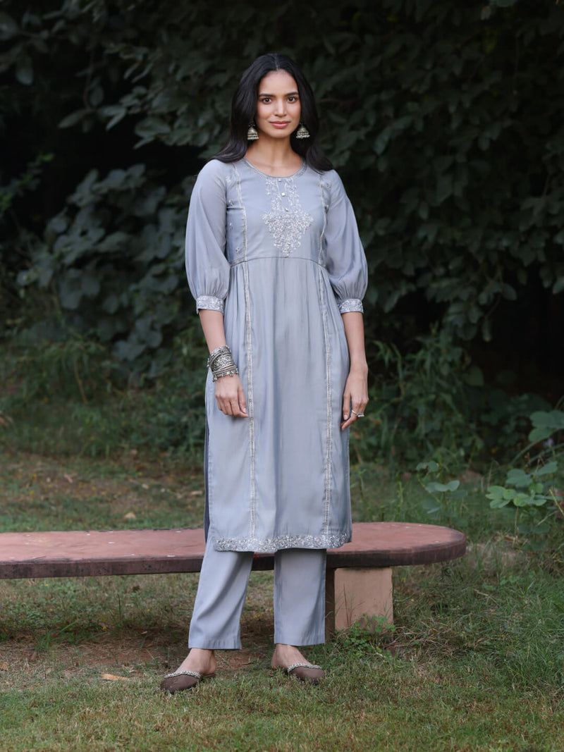 grey viscose silk kurta set