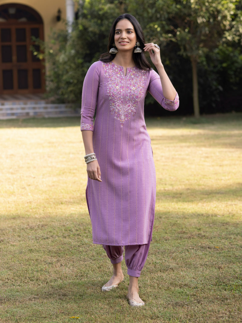 Lavender Embroidered Kurta Set