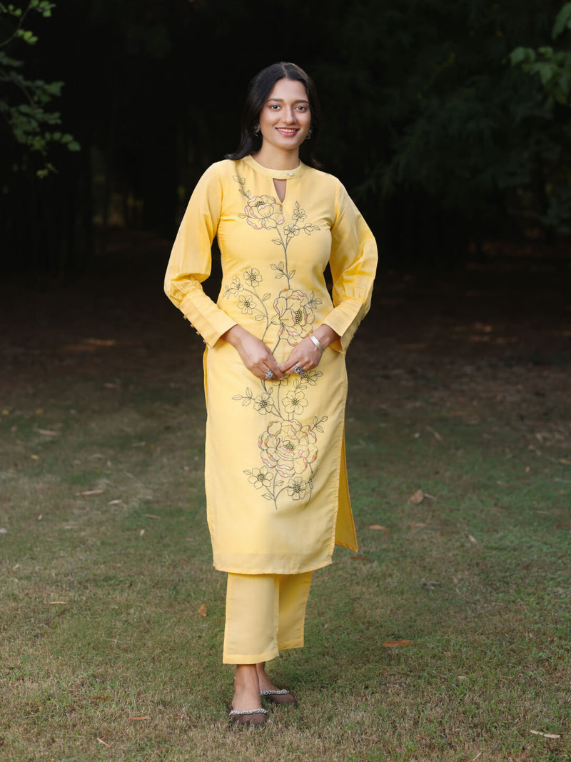 Yellow Embroidered Straight Kurta Set
