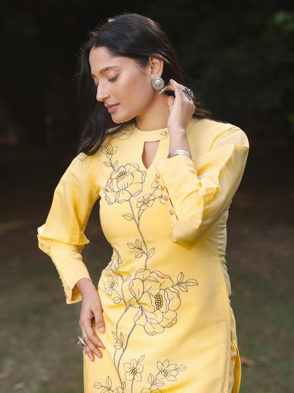 yellow viscose silk kurti