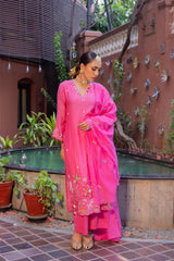 Radiant Fuchsia Floral Mul Chanderi Set
