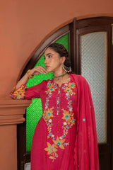 Vibrant Magenta Floral Mul Chanderi Set