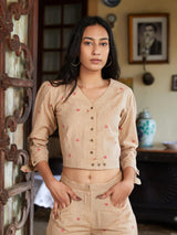 Beige Woven Viscose Rayon Straight Crop Top With Pants