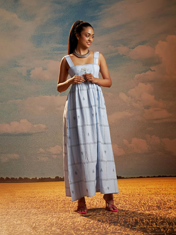 Sky Blue Abstract Print Handloom Cotton A-Line Maxi Dress