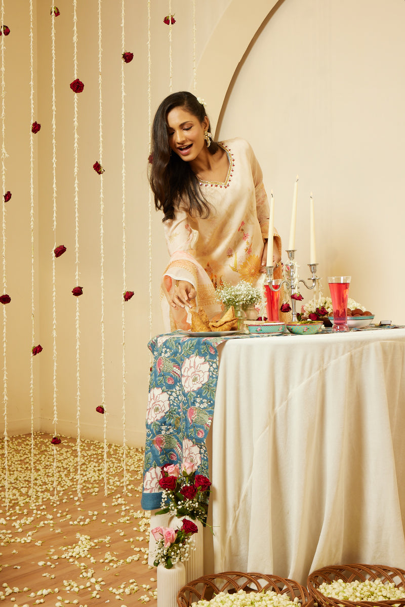 Cream Silk Kurti Set with Chanderi Dupatta