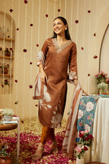 Mocha Brown Visakha Silk Kurti Set with Shantoon Pant & Chanderi Dupatta