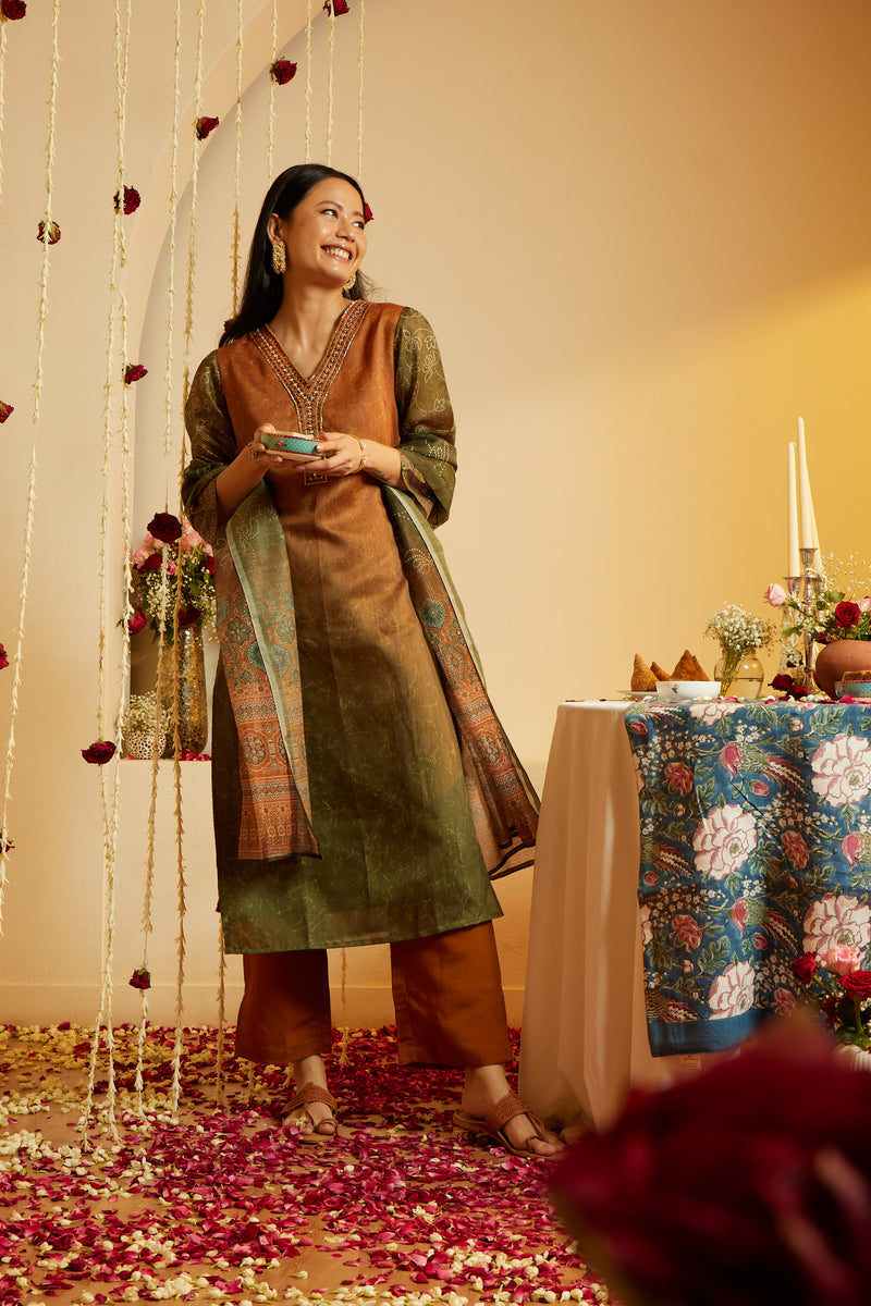 Teracotta Olive Vishakha Silk Kurti Set with Chanderi Dupatta
