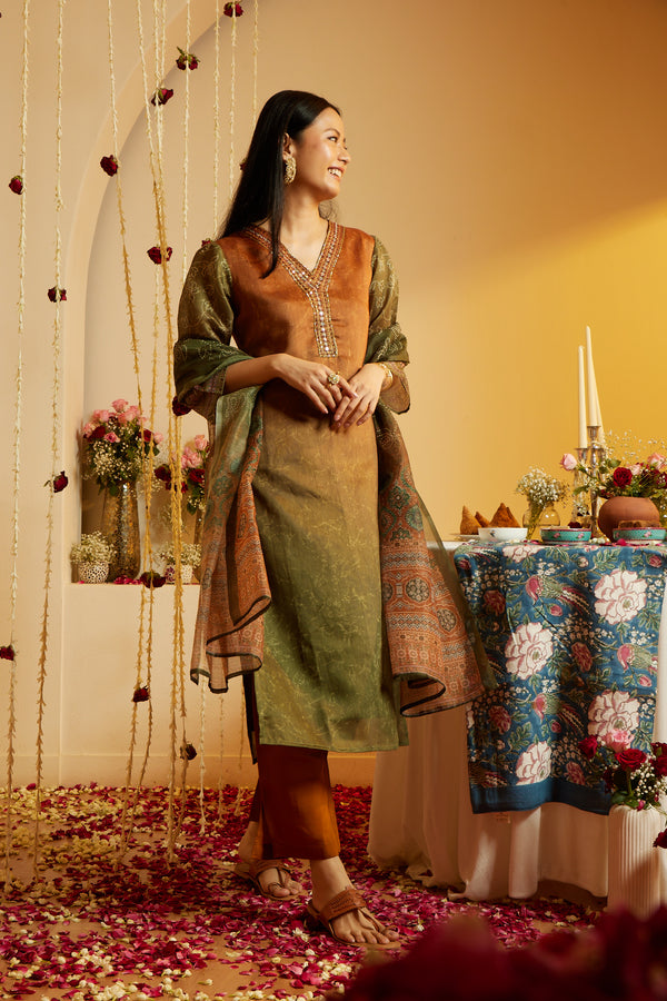 Teracotta Olive Vishakha Silk Kurti Set with Chanderi Dupatta