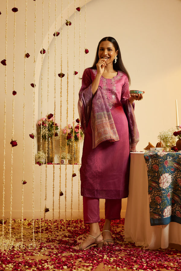 Deep Pink Vishakha Silk Kurti Set with Chanderi Dupatta