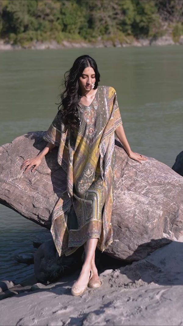 Mehendi Green Printed Pure Viscose Handwork Kaftan Dress