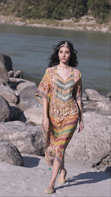 Turmeric Yellow Printed Pure Viscose Handwork Kaftan Dress