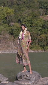 Moca Green Printed Pure Viscose Handwork Kaftan Dress free size