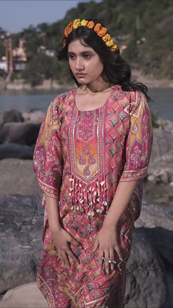 Fusia Pink Printed Pure Viscose Handwork Kaftan Dress