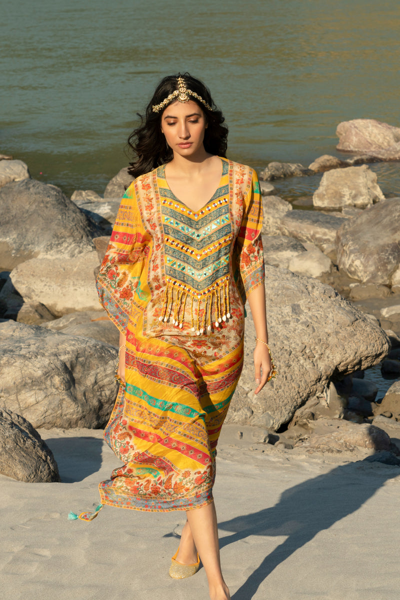 Turmeric Yellow Printed Pure Viscose Handwork Kaftan Dress FREE SIZE