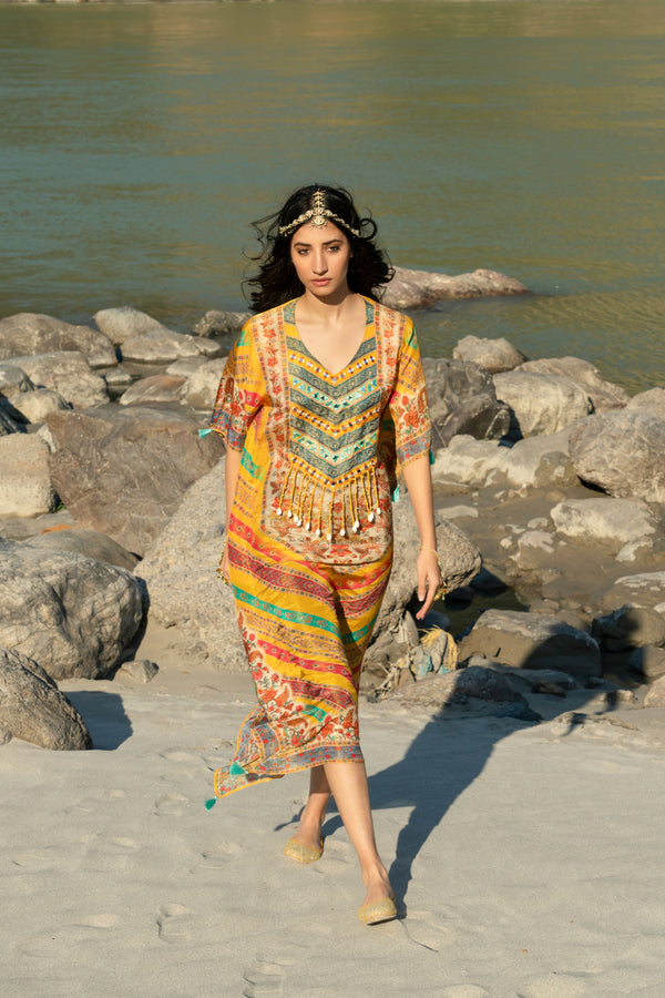 Turmeric Yellow Printed Pure Viscose Handwork Kaftan Dress Free SIZE 2XL-3XL