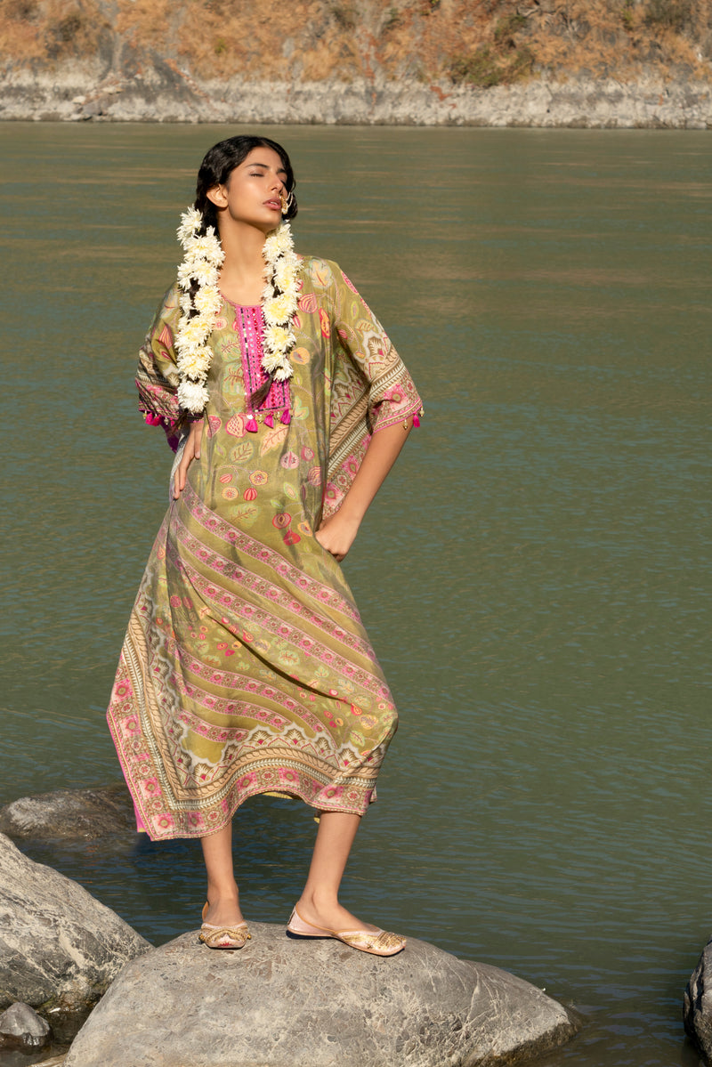 Moca Green Printed Pure Viscose Handwork Kaftan Dress free size