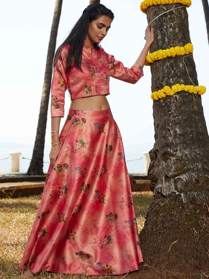 Pink Jacquard Flared Crop Top Skirt Set