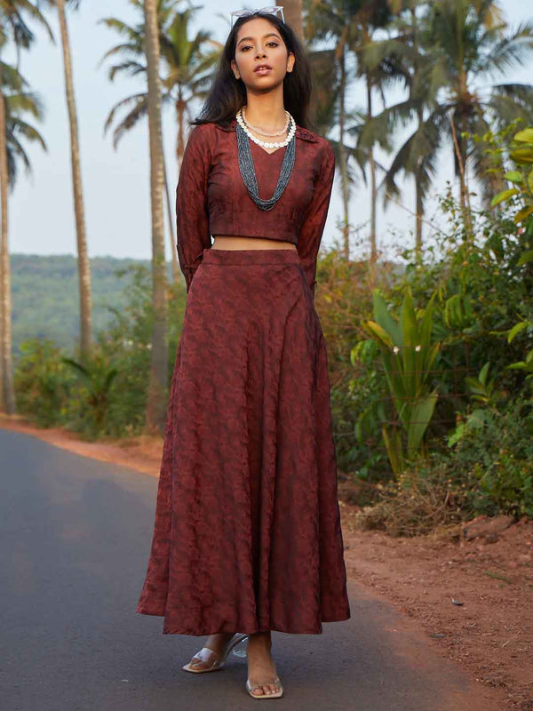 Rust Embroidery Janvi Jacquard Flaired Skirt Top