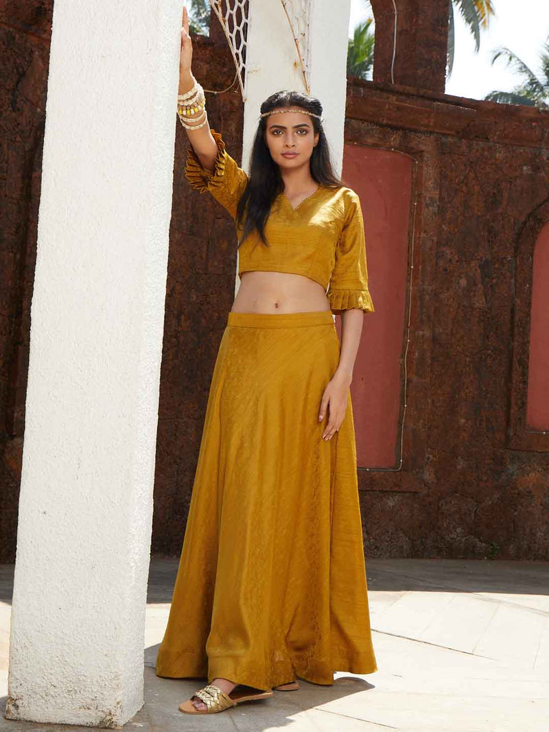 Mustard Bead Work At Neck Naysha Unique Jacquard Flaired Skirt Top