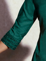 Green Solid Embellished Tussar Linen Kurta Set
