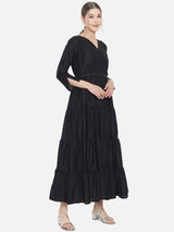 Black Embroidered Muslin Flared Maxi Dress With Belt